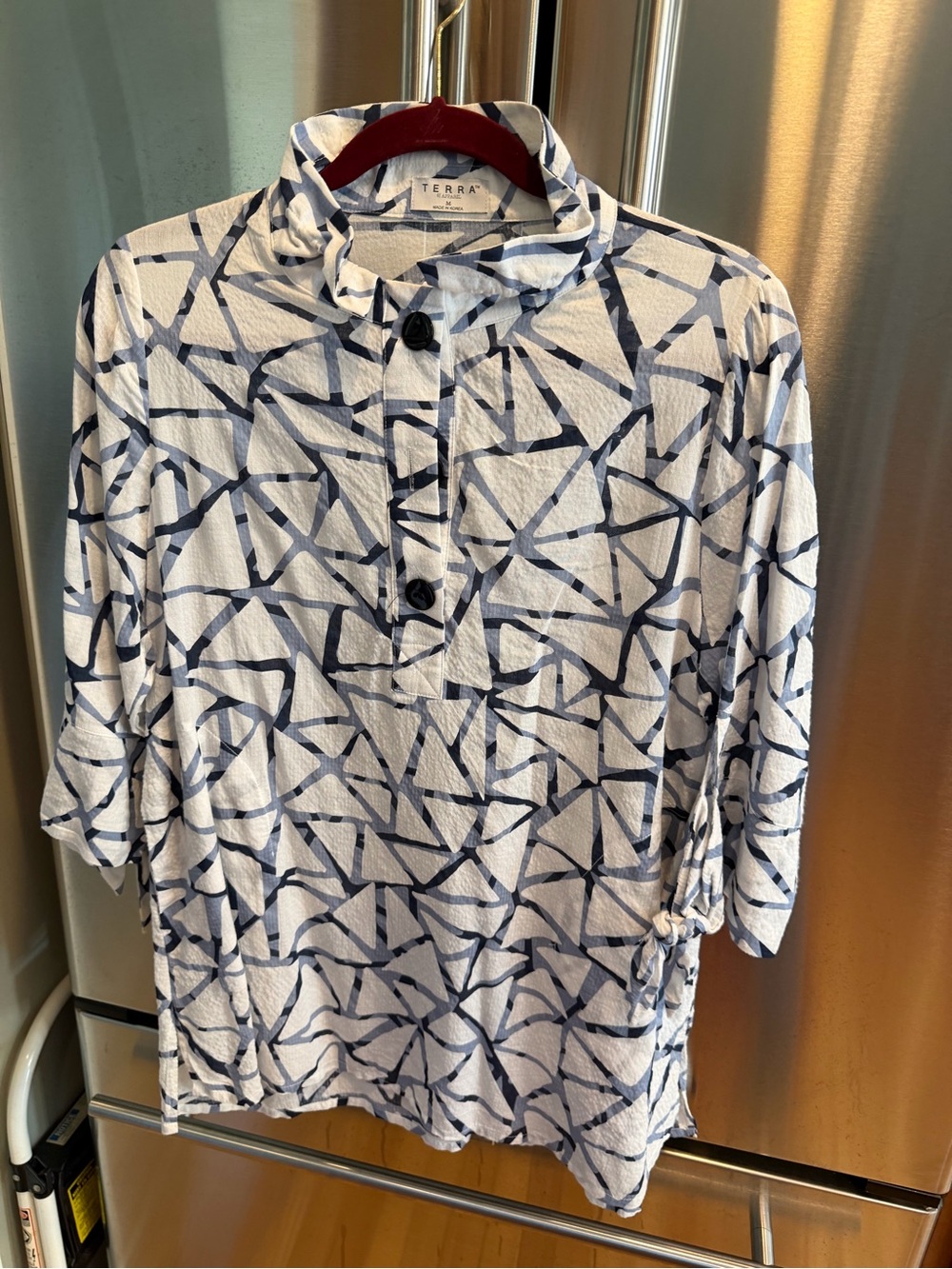 Terra brand White and Navy Geometric Button-Up Blouse